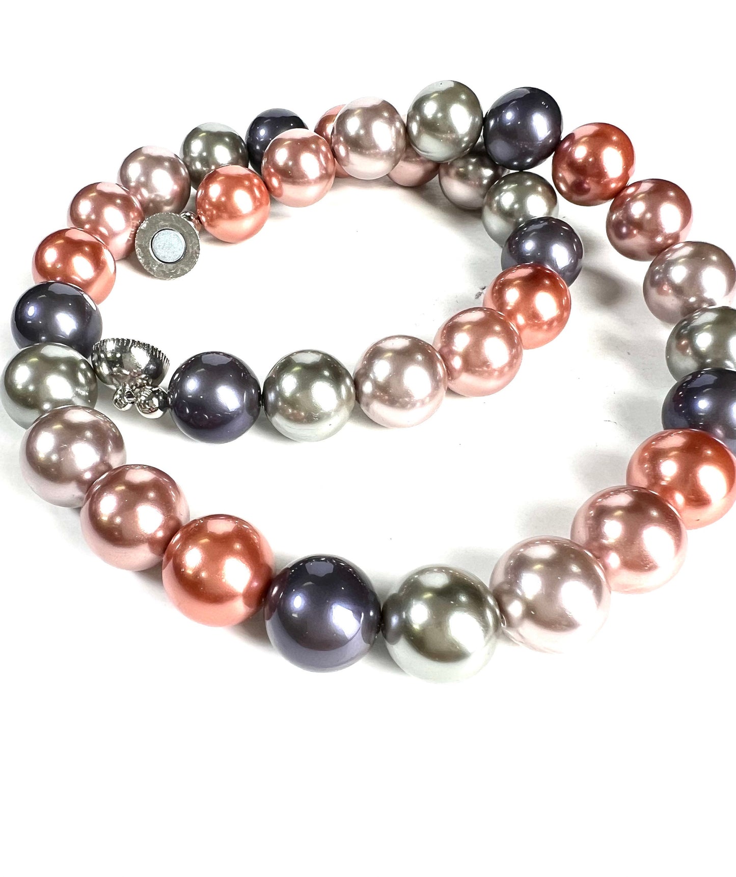 Multi Color 12mm South Seashell Pearl mag ball clasp Necklace, soft pink, blue,teal green color bridal Evening wear, party, Elegant gift