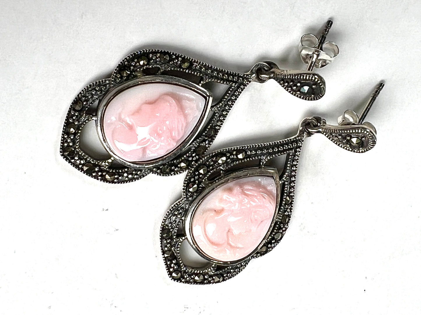 Vintage Marcasite Cameo pink shell hand caring ,925 Sterling Silver Post Earrings, 925 Stamped,Antique vintage , Gift