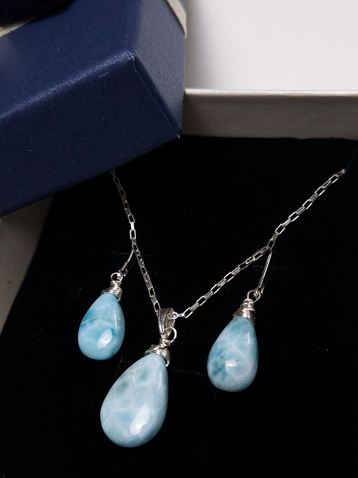 Natural Larimar 14x20mm Teardrop Wire Wrapped in 925 Sterling Silver Matching Earrings Necklace Jewelry Set