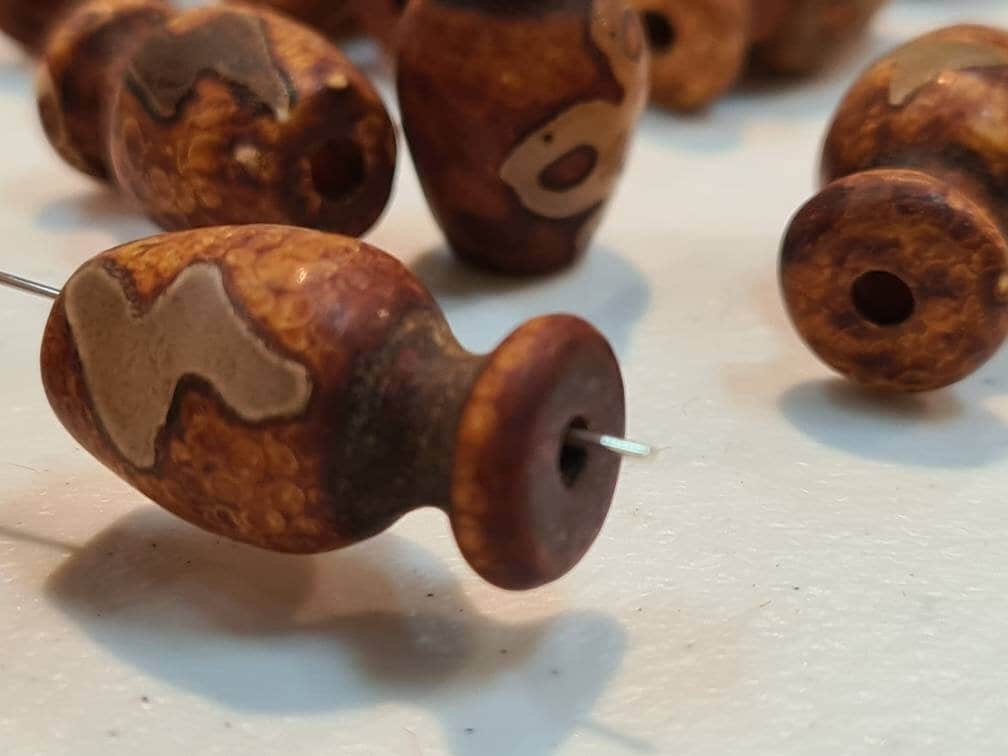 Natural Tibetan agate unpolished, 10x20mm Evil eye beads. Flower vase pot shaped vintage focal hand painted agate beads