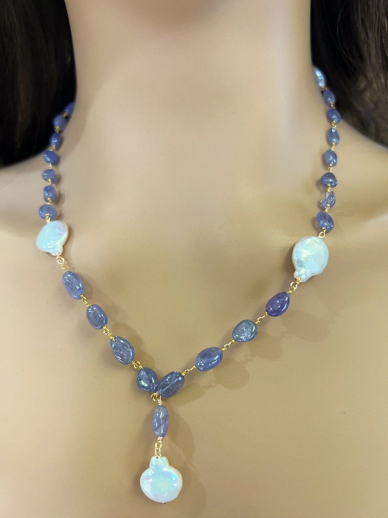 Natural Tanzanite 7-8.5mm smooth oval freshwater Coin pearl spacer and dangling pendat 14k gold filled handmade Necklace.