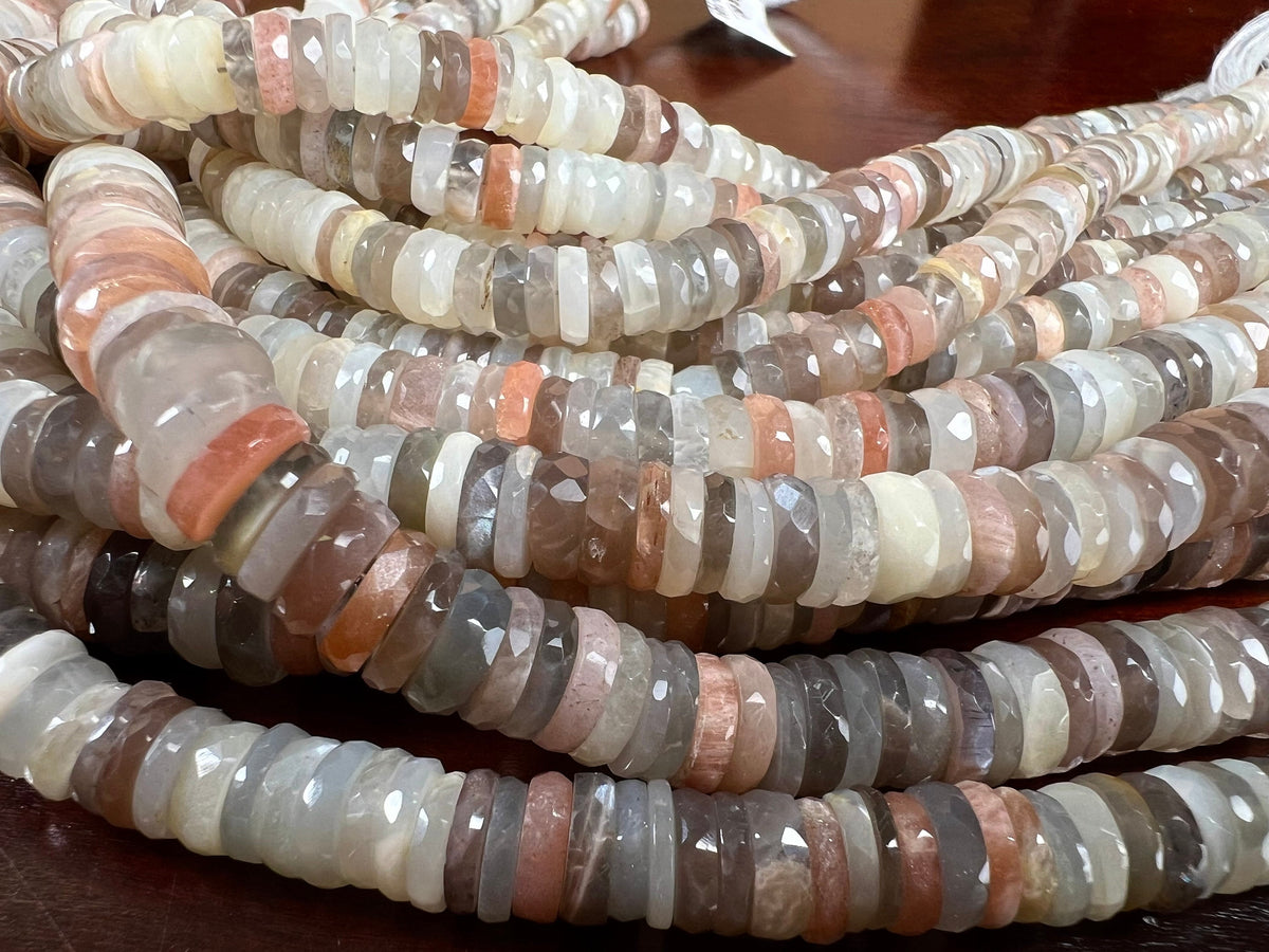 Natural Multi Moonstone Faceted heishi tyre wheel shape roundel. AAA High quality beautiful gemstones for jewelry making 4”,8" strand
