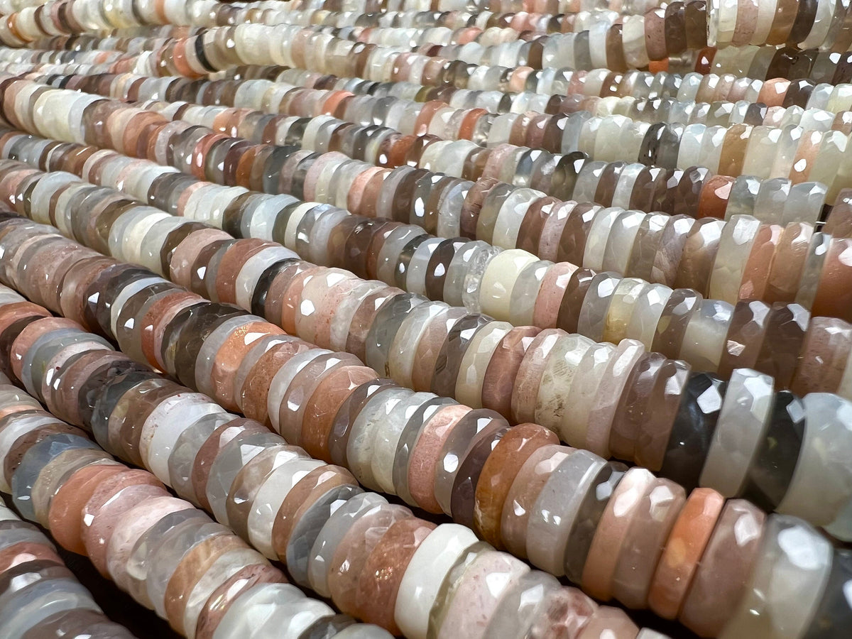 Natural Multi Moonstone Faceted heishi tyre wheel shape roundel. AAA High quality beautiful gemstones for jewelry making 4”,8" strand
