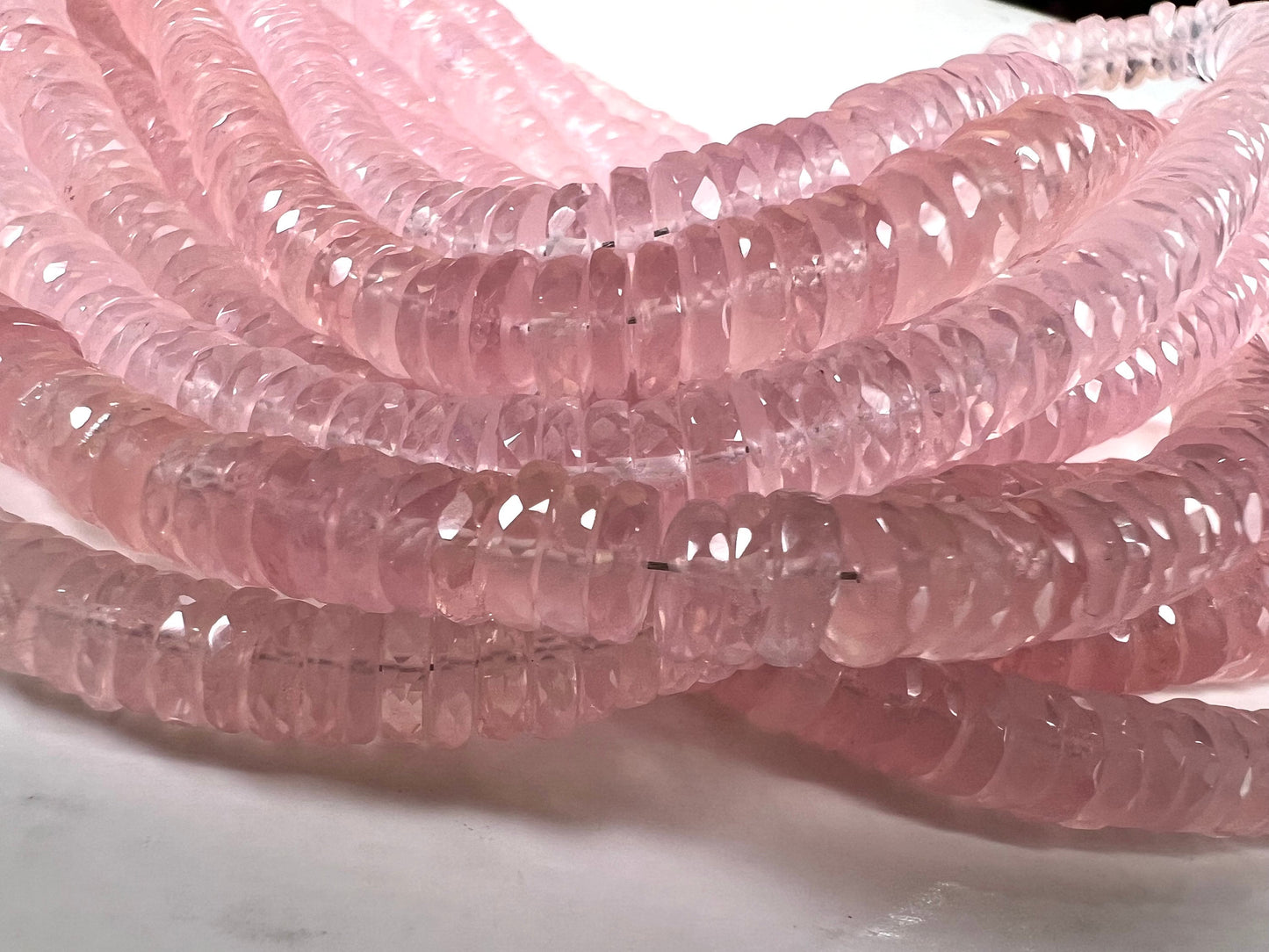 Madagascar Rose Quartz 5.5-7.5mm Faceted wheel Heishe tyre roundel , Jewelry Making natural rose quartz Beads 8" Strand.