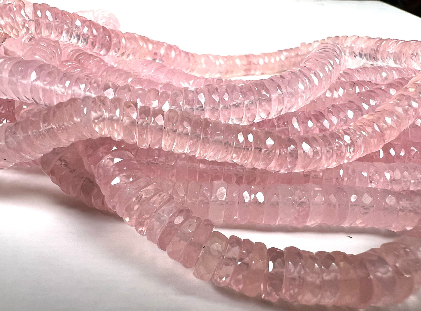 Madagascar Rose Quartz 5.5-7.5mm Faceted wheel Heishe tyre roundel , Jewelry Making natural rose quartz Beads 8" Strand. Can you d