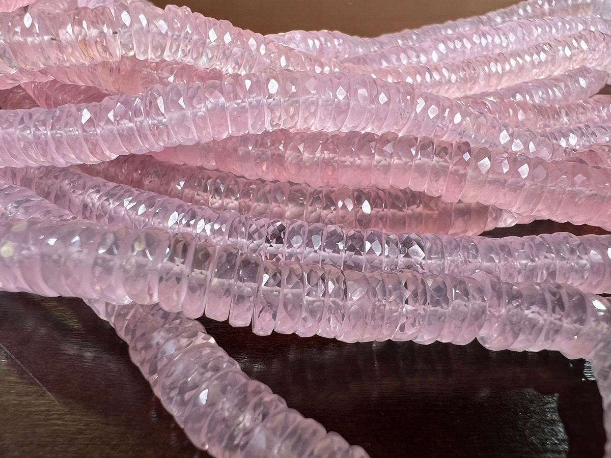 Madagascar Rose Quartz 5.5-7.5mm Faceted wheel Heishe tyre roundel , Jewelry Making natural rose quartz Beads 7" Strand.