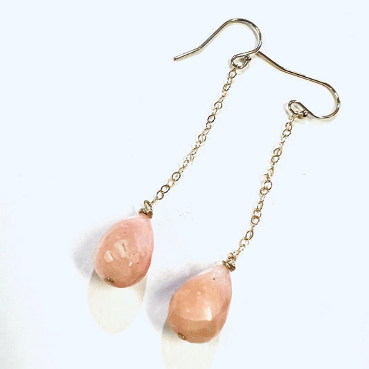 Pink Opal Dangling Briolette tear Drop 8x12mm with 14K Gold Filled or 925 Sterling Silver Chain & Ear Wire, Soothing Gem