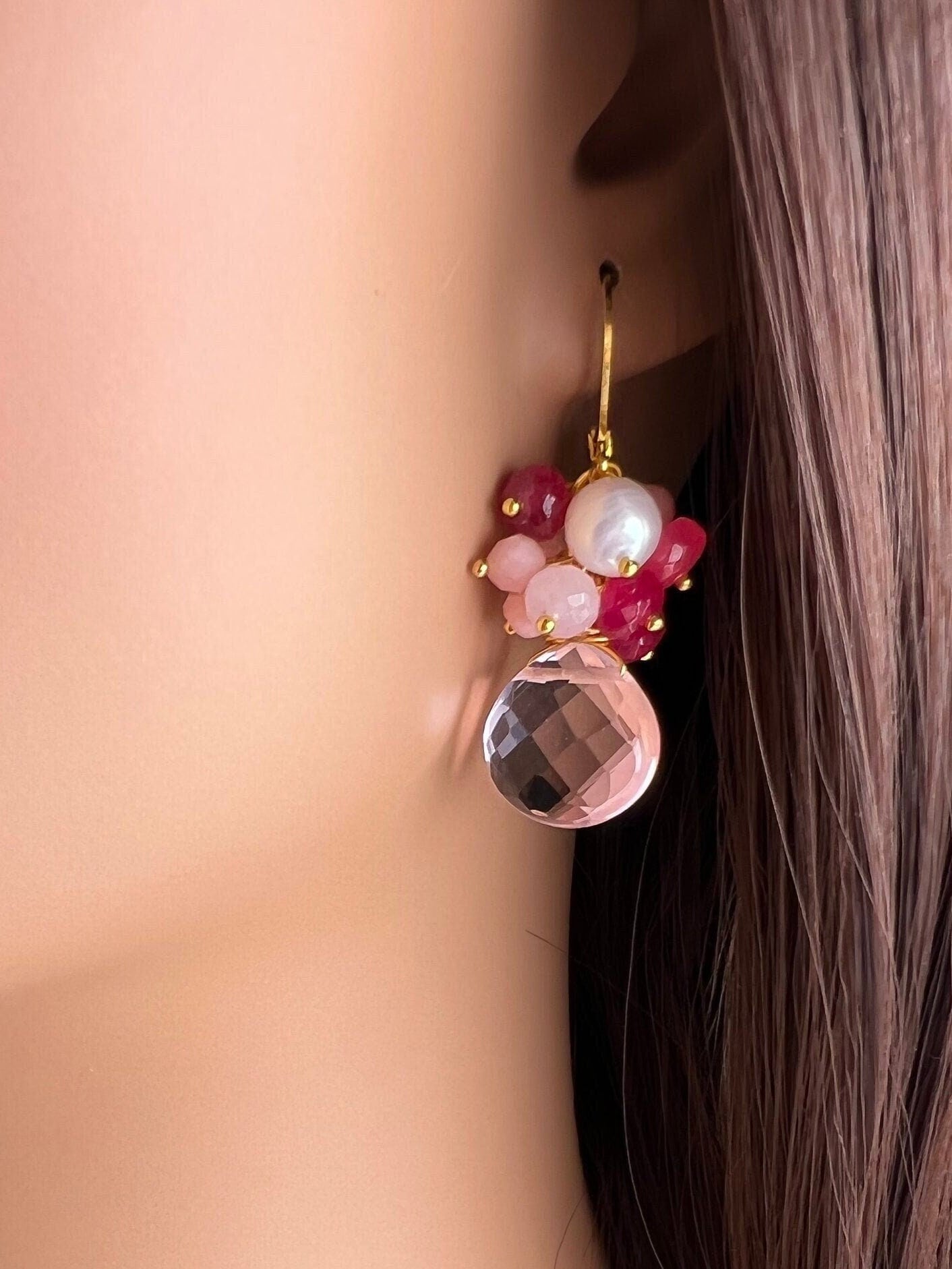 Pink opal , Freshwater pearl,hot pink chalcedony cluster dangling pink quartz heart drop gold Earrings .