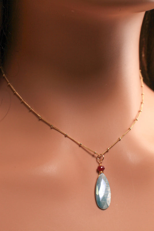 Genuine Blue Moonstone Faceted Long Pear Drop, genuine Ruby accent 14k Gold Filled Satellite Howl Necklace