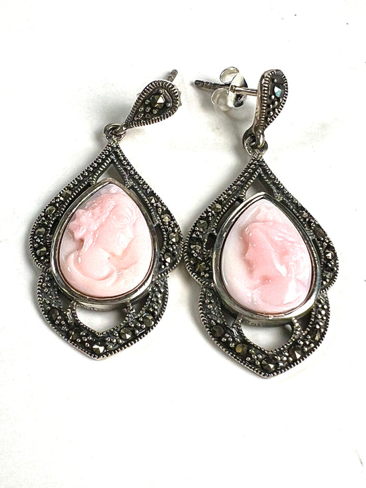 Vintage Marcasite Cameo pink shell hand caring ,925 Sterling Silver Post Earrings, 925 Stamped,Antique vintage , Gift
