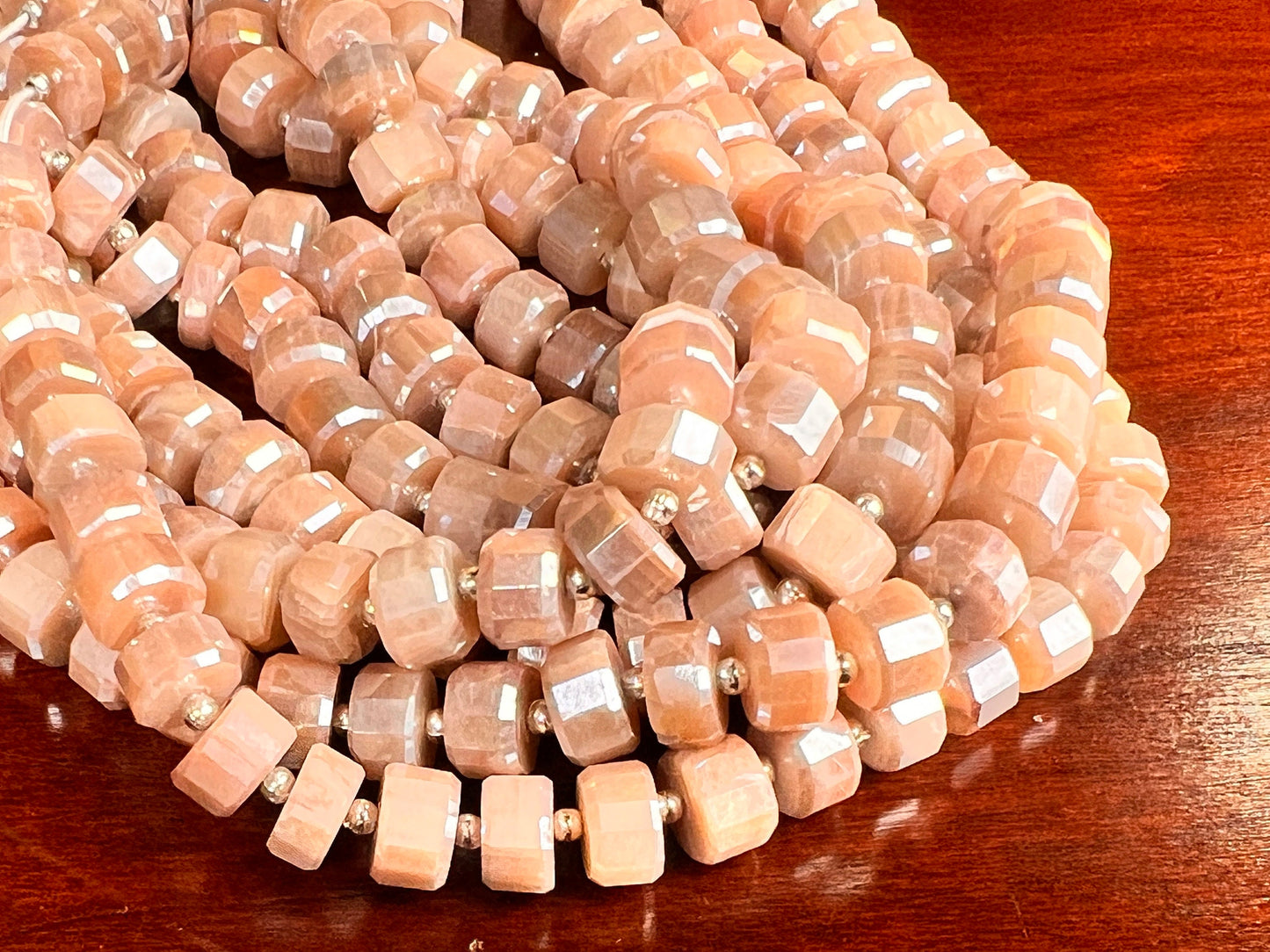 Peach Moonstone mystic wheel cylinder shape tyre roundel 8.5-9mm large 7”,14” Strand