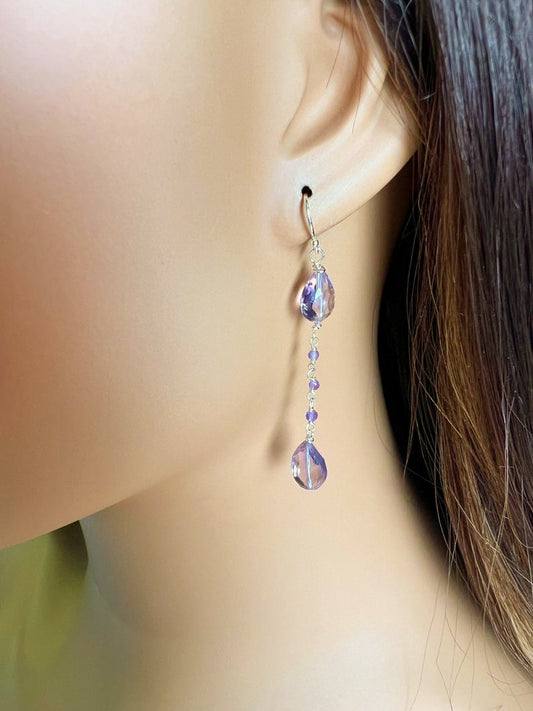 Genuine Pink Amethyst concave cut Faceted Teardrop, cut gemstone Wire Wrapped amethyst chain in 925 Sterling Silver earrings