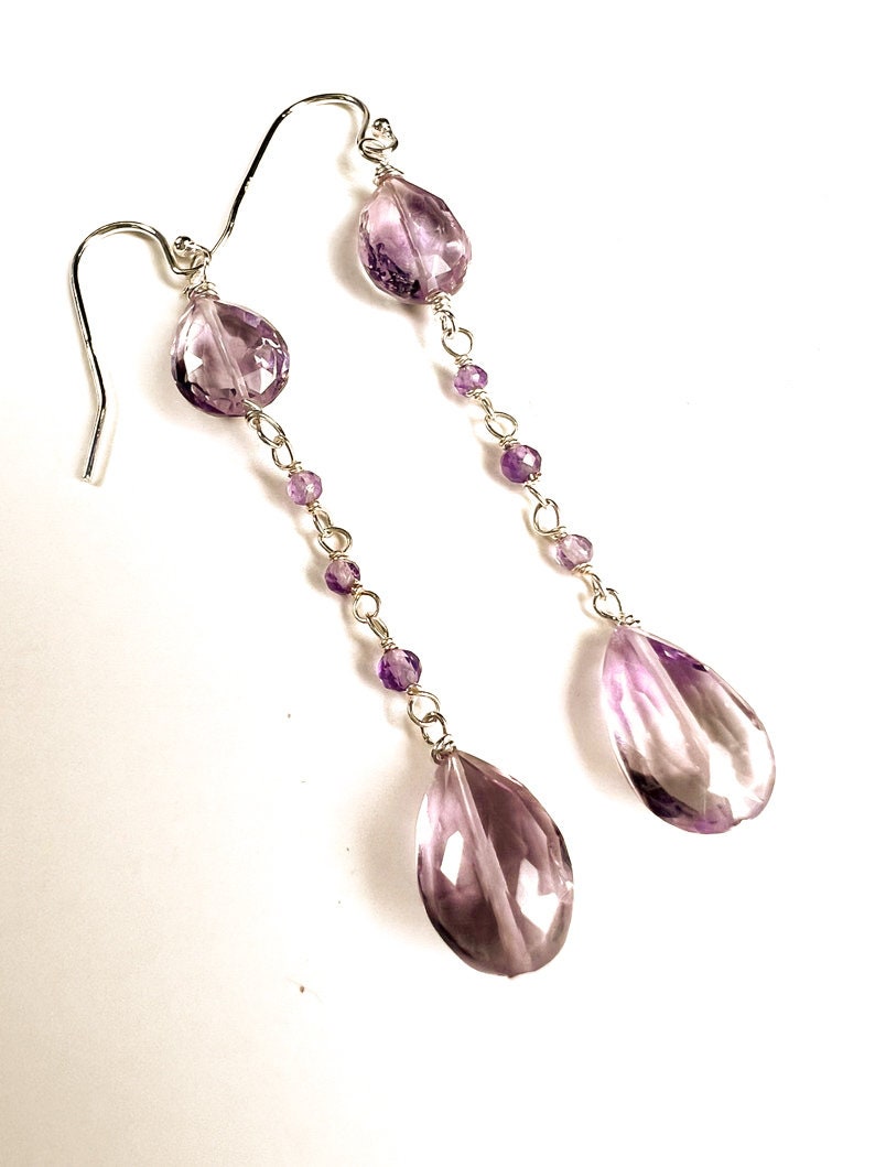 Genuine Pink Amethyst concave cut Faceted Teardrop, cut gemstone Wire Wrapped amethyst chain in 925 Sterling Silver earrings