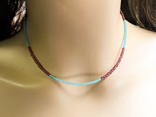 Garnet and Aquamarine 2.5mm smooth round necklace. Chocker layering minimalist gift January and March birthstone