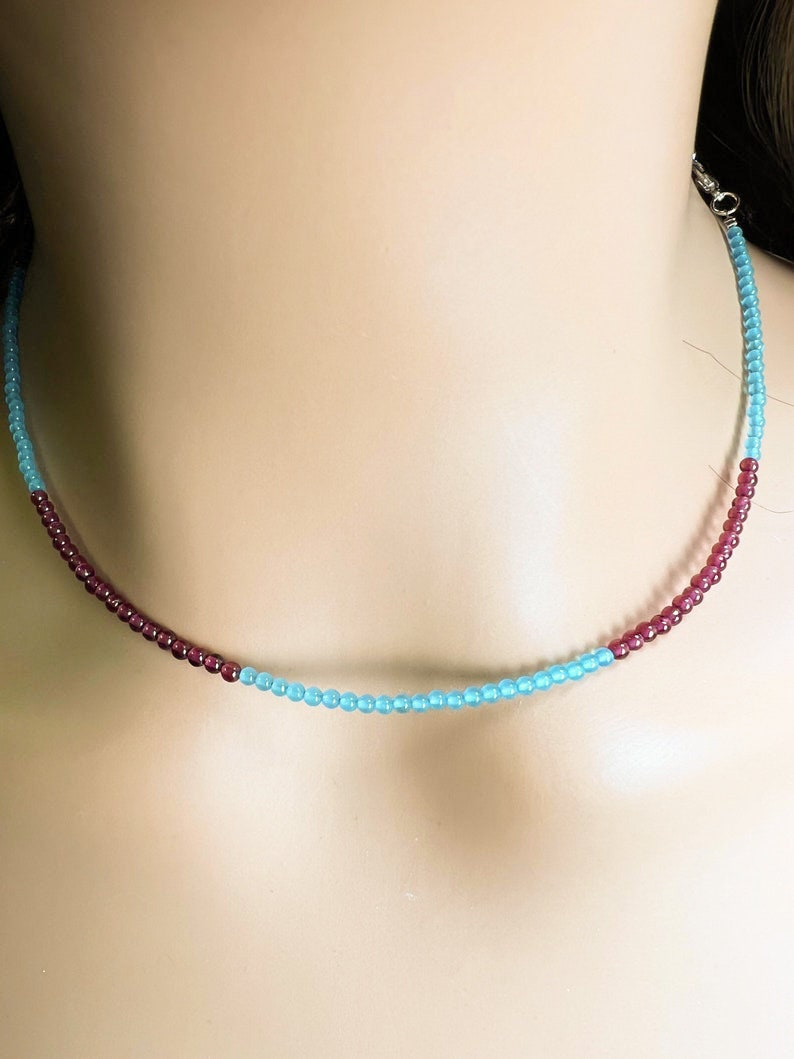 Garnet and Aquamarine 2.5mm smooth round necklace. Chocker layering minimalist gift January and March birthstone