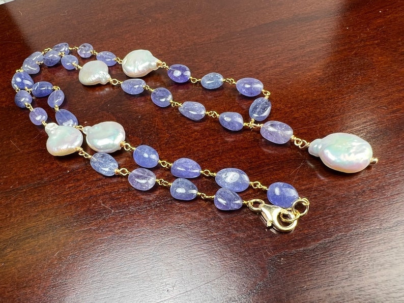 Natural Tanzanite 7-8.5mm smooth oval freshwater Coin pearl spacer and dangling pendat 14k gold filled handmade Necklace.