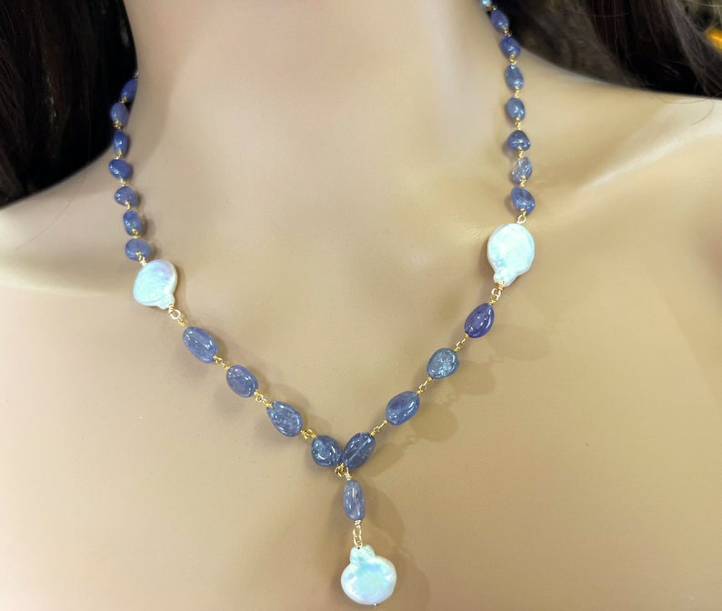 Natural Tanzanite 7-8.5mm smooth oval freshwater Coin pearl spacer and dangling pendat 14k gold filled handmade Necklace.