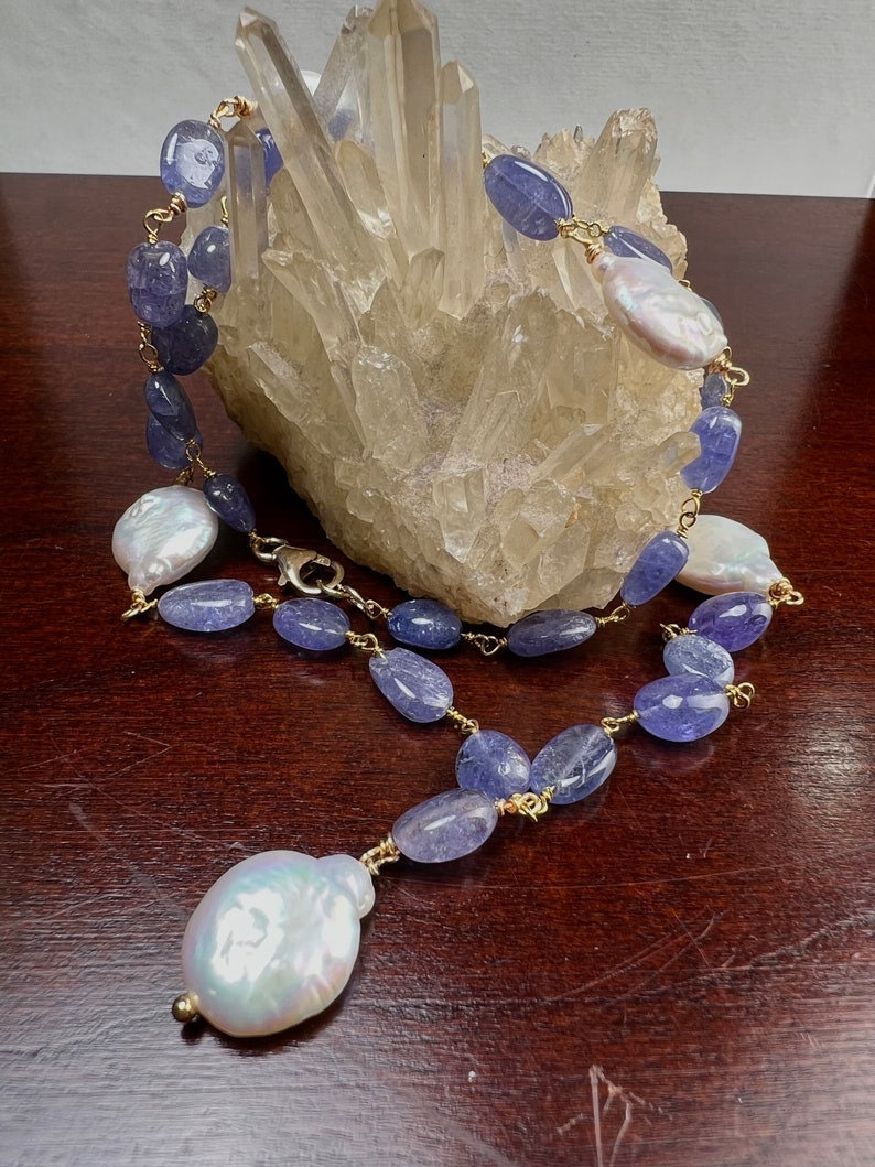 Natural Tanzanite 7-8.5mm smooth oval freshwater Coin pearl spacer and dangling pendat 14k gold filled handmade Necklace.