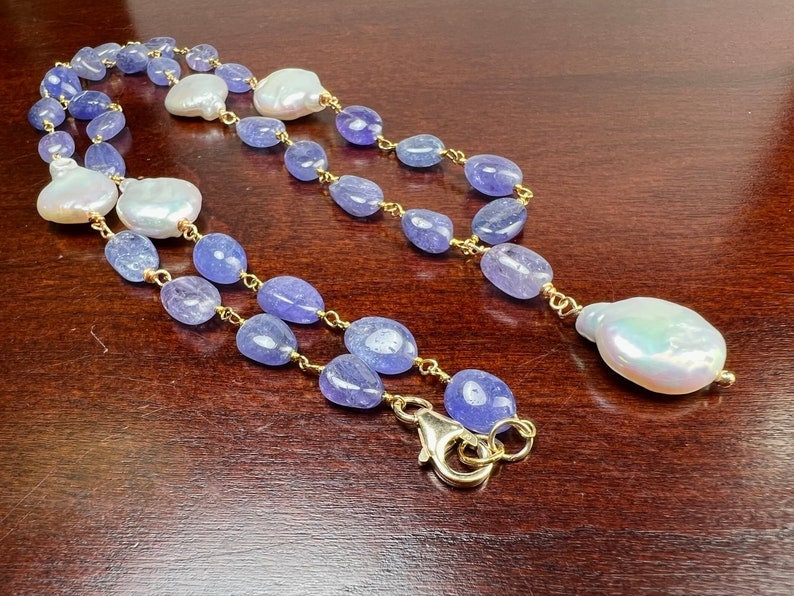 Natural Tanzanite 7-8.5mm smooth oval freshwater Coin pearl spacer and dangling pendat 14k gold filled handmade Necklace.