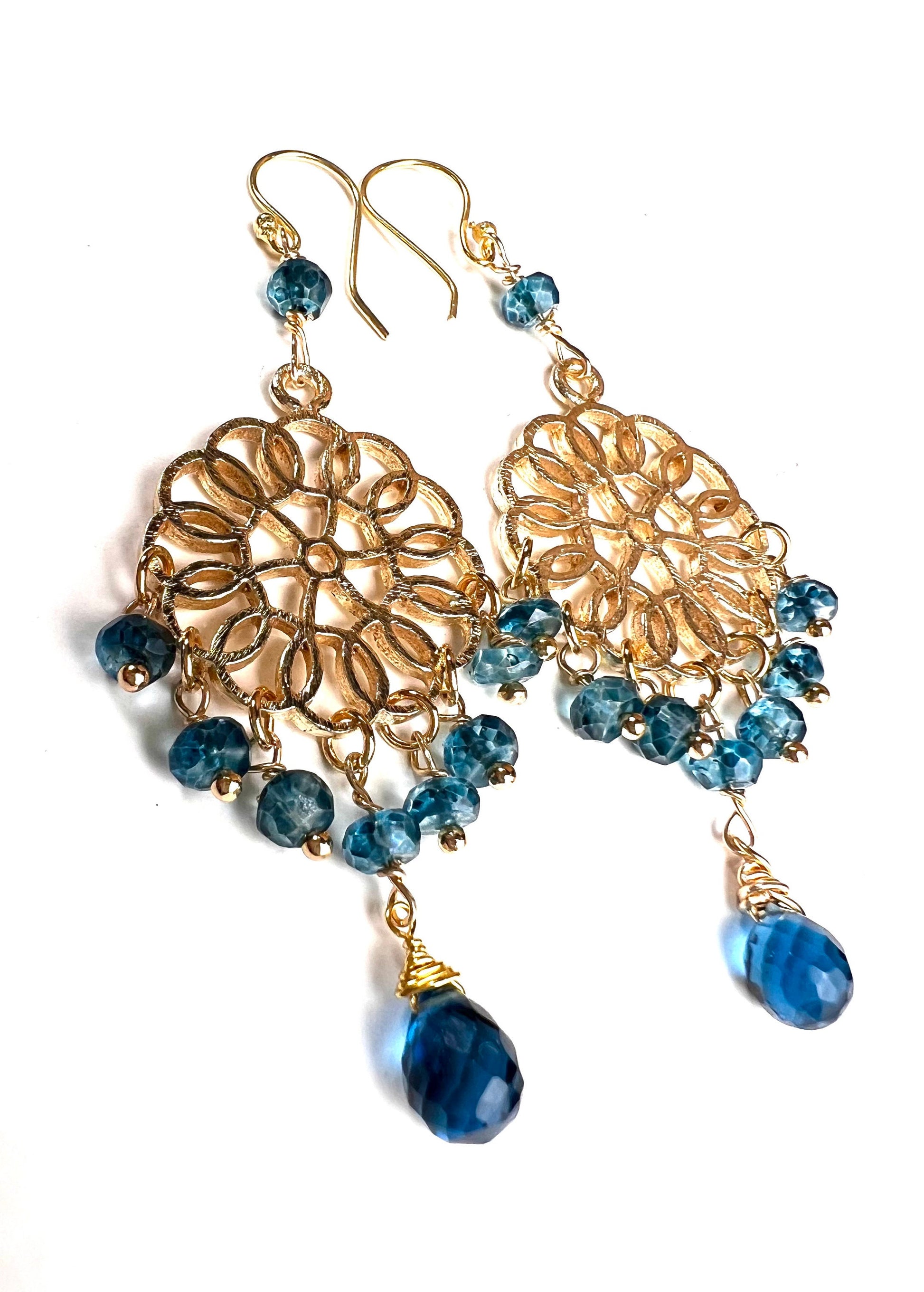 London Blue Topaz Chandelier brush gold vermeil earrings .Wire Wrapped handmade Gift valentines midnight blue earring.