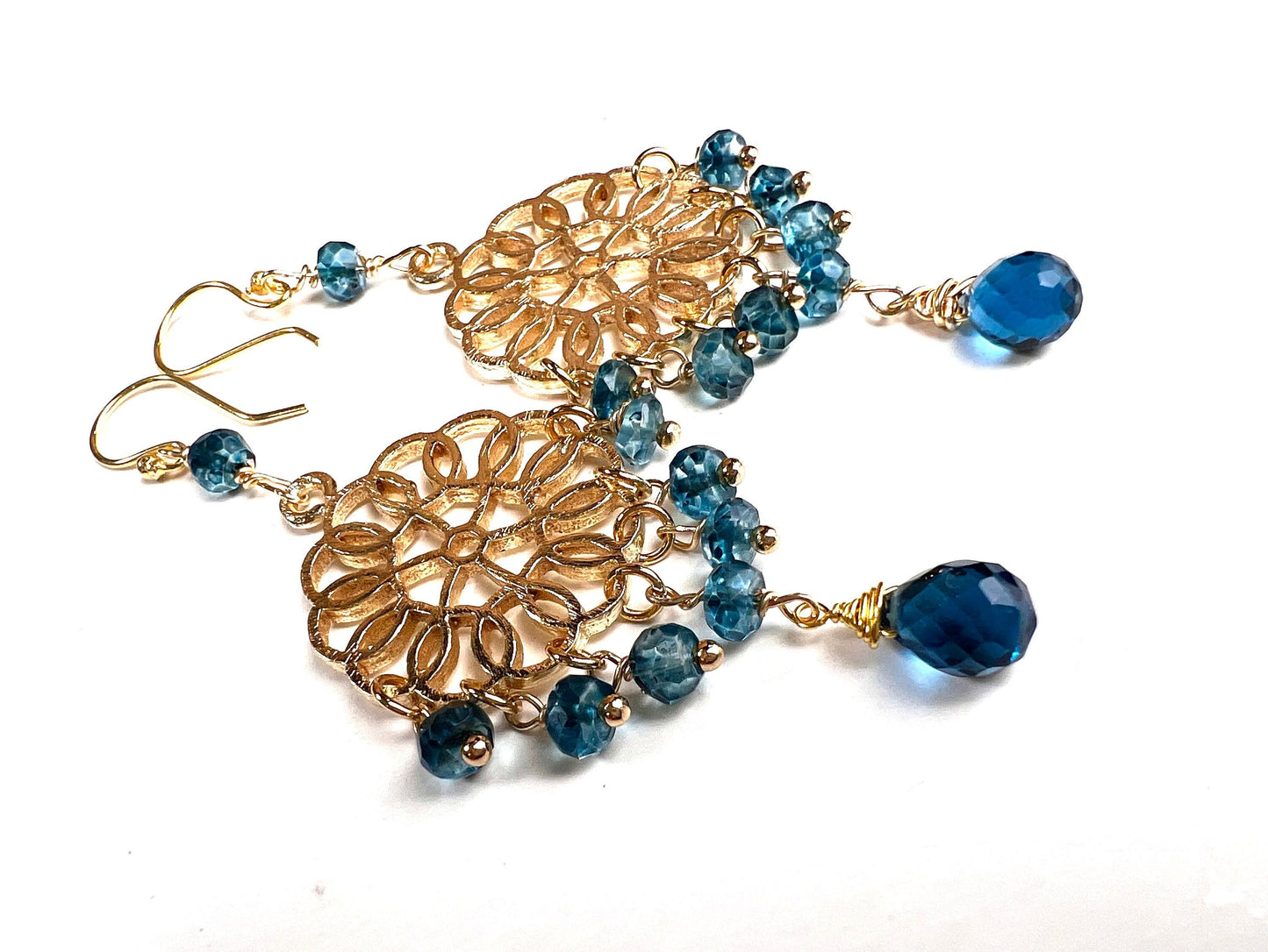 London Blue Topaz Chandelier brush gold vermeil earrings .Wire Wrapped handmade Gift valentines midnight blue earring.