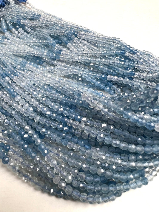 Aquamarine Faceted 3mm blue shaded Round micro cut AAA clear quality Jewelry Making natural Gemstone Beads 12.5" Strand.