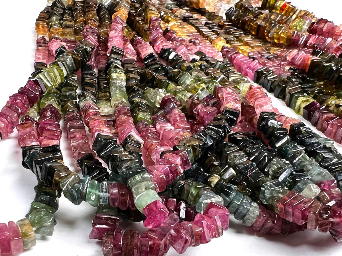 Natural Multi Watermelon Tourmaline Square Heishi raw smooth beads for Jewelry Making, 7", 14" St, 4-5mm
