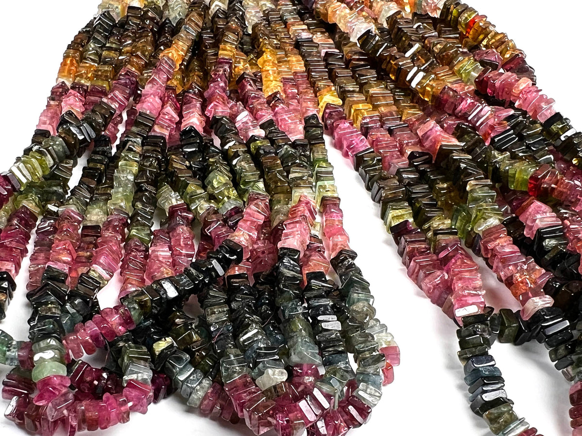 Natural Multi Watermelon Tourmaline Square Heishi raw smooth beads for Jewelry Making, 7", 14" St, 4-5mm