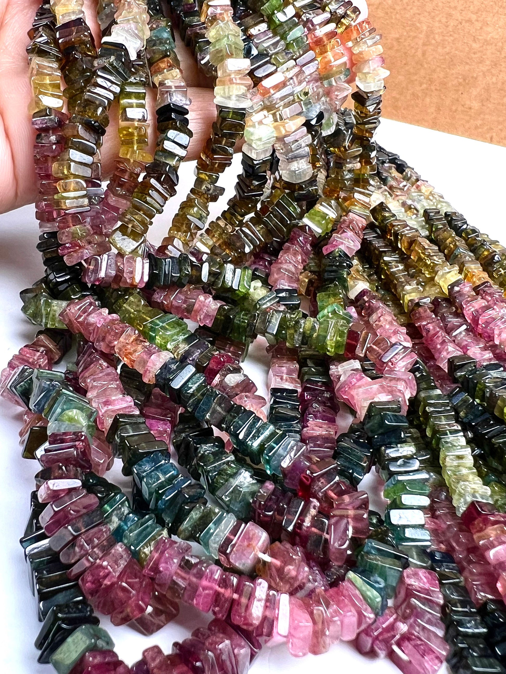 Natural Multi Watermelon Tourmaline Square Heishi raw smooth beads Jewelry Making, healing Beads 7", 14" St, 4-5mm