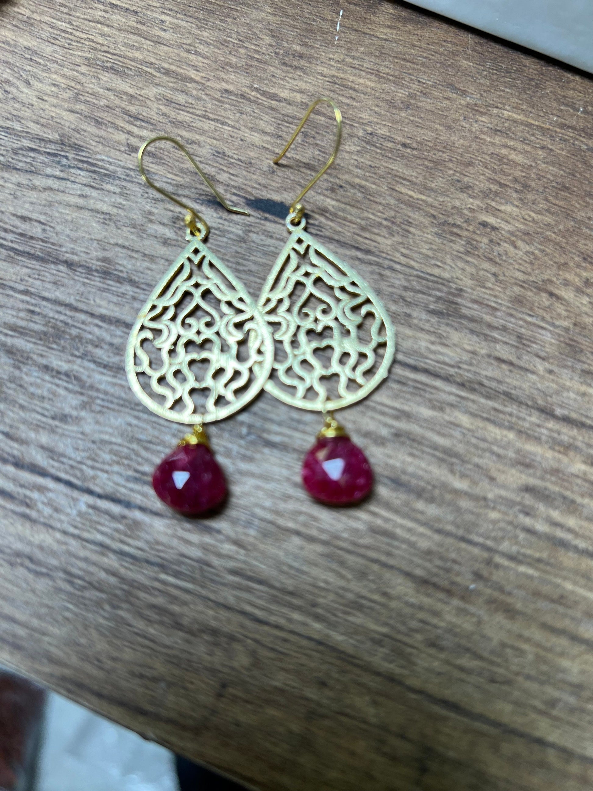 18k Gold Vermeil Bali brush gold Filigree 23x35mm long Handmade Earrings dangling with genuine Ruby heart drop, yellow gold Earrings, gift