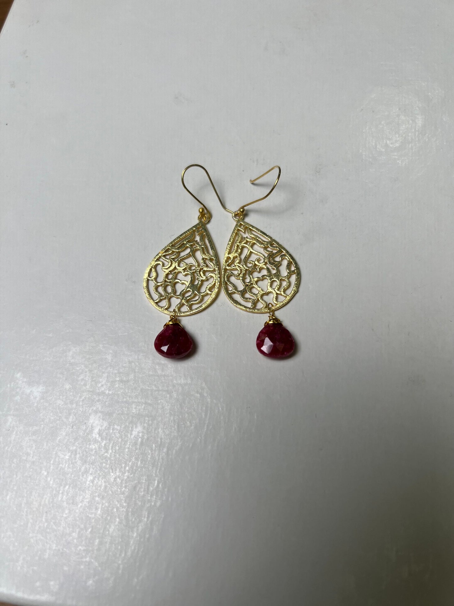 18k Gold Vermeil Bali brush gold Filigree 23x35mm long Handmade Earrings dangling with genuine Ruby heart drop, yellow gold Earrings, gift