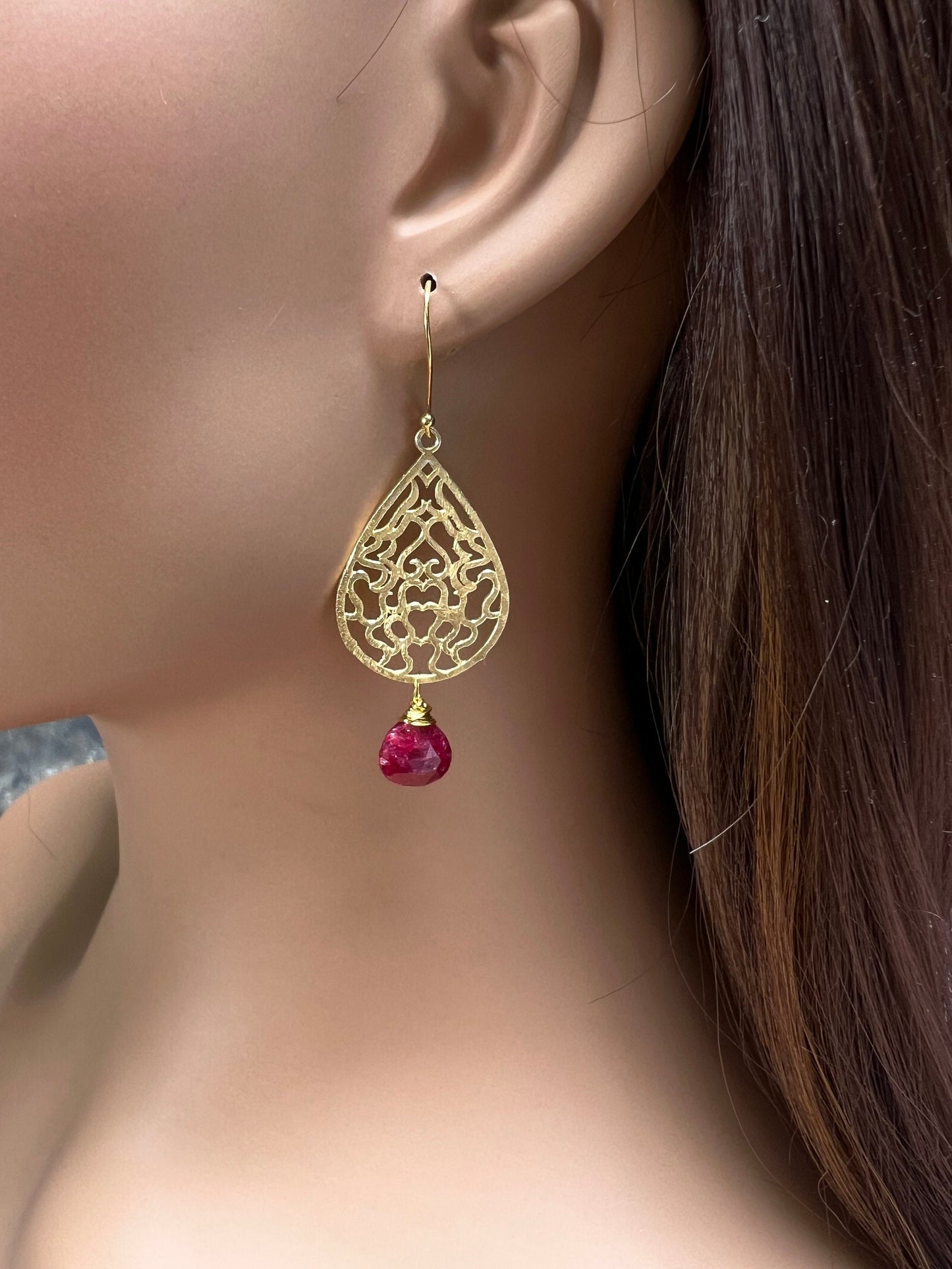 18k Gold Vermeil Bali brush gold Filigree 23x35mm long Handmade Earrings dangling with genuine Ruby heart drop, yellow gold Earrings, gift