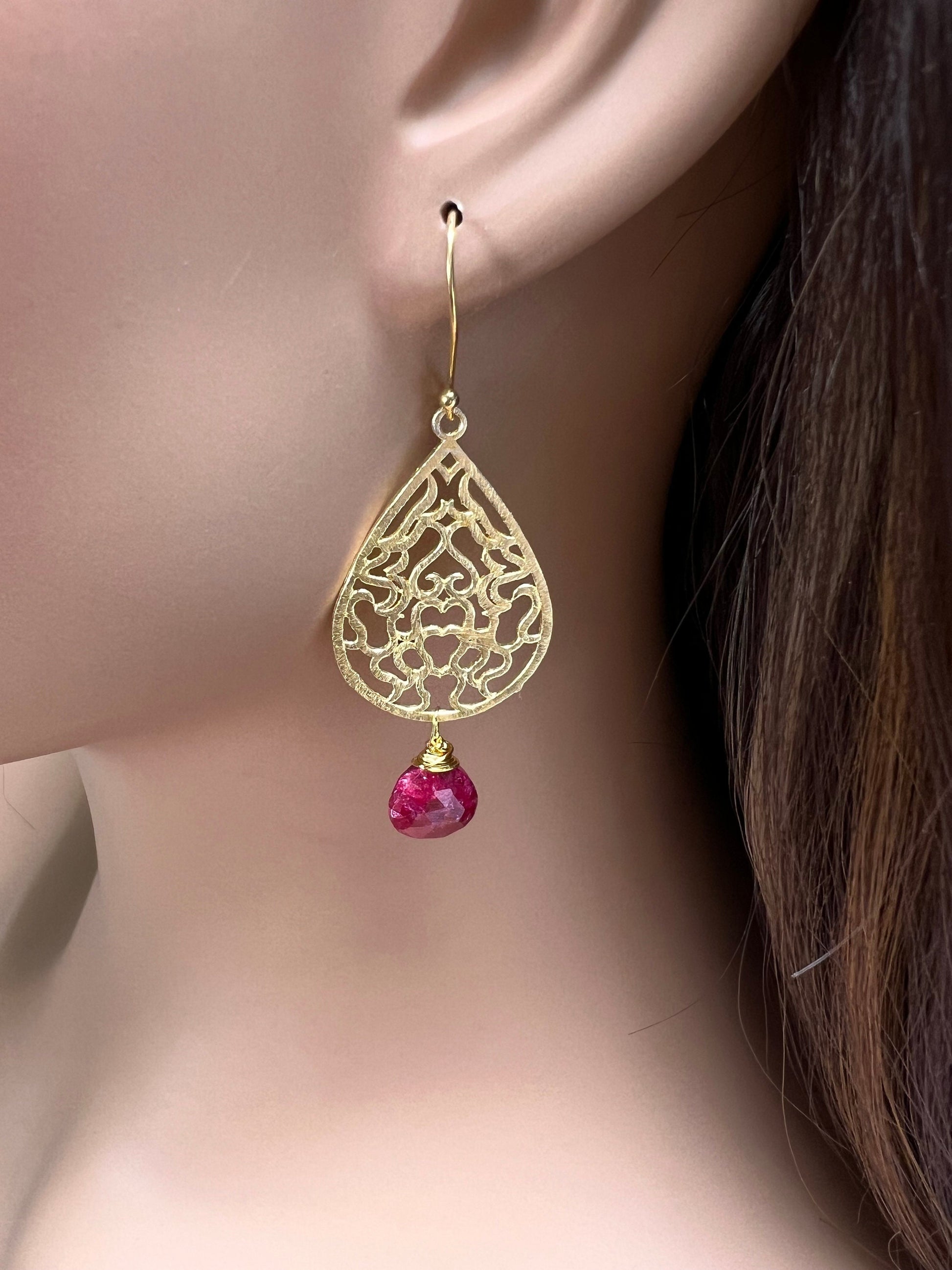 18k Gold Vermeil Bali brush gold Filigree 23x35mm long Handmade Earrings dangling with genuine Ruby heart drop, yellow gold Earrings, gift