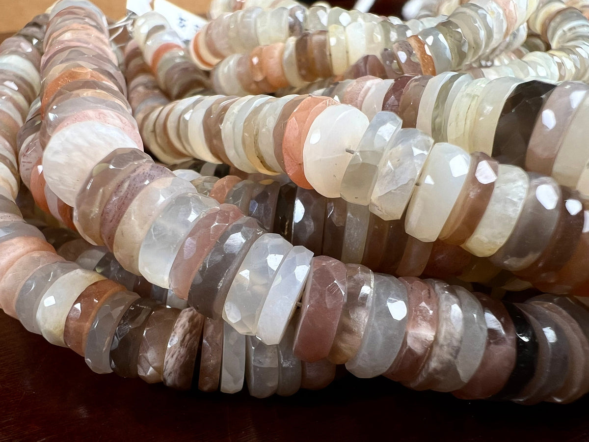 Natural Multi Moonstone Faceted heishi tyre wheel shape roundel. AAA High quality beautiful gemstones for jewelry making 4”,8" strand