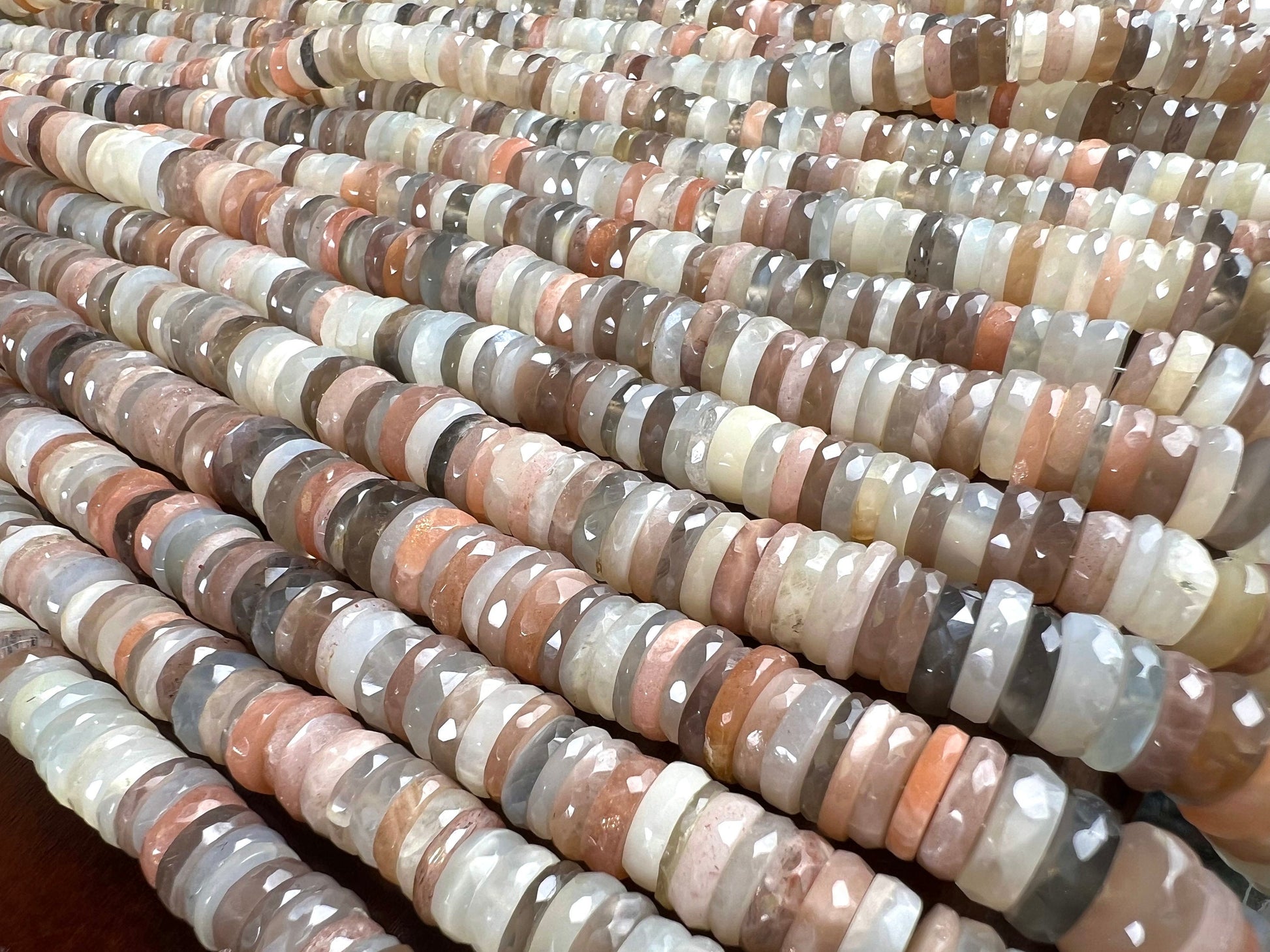 Natural Multi Moonstone Faceted heishi tyre wheel shape roundel. AAA High quality beautiful gemstones for jewelry making 4”,8 strand. 6.5mm-