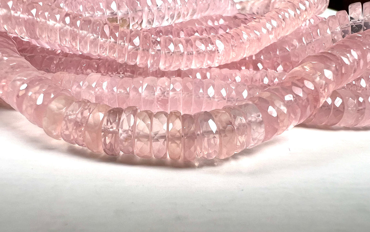 Madagascar Rose Quartz 5.5-7.5mm Faceted wheel Heishe tyre roundel , Jewelry Making natural rose quartz Beads 7" Strand.