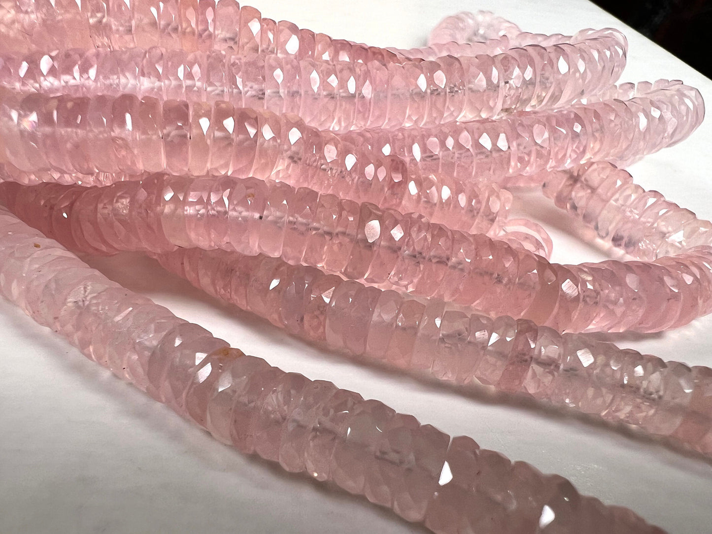 Madagascar Rose Quartz 5.5-7.5mm Faceted wheel Heishe tyre roundel , Jewelry Making natural rose quartz Beads 8" Strand.