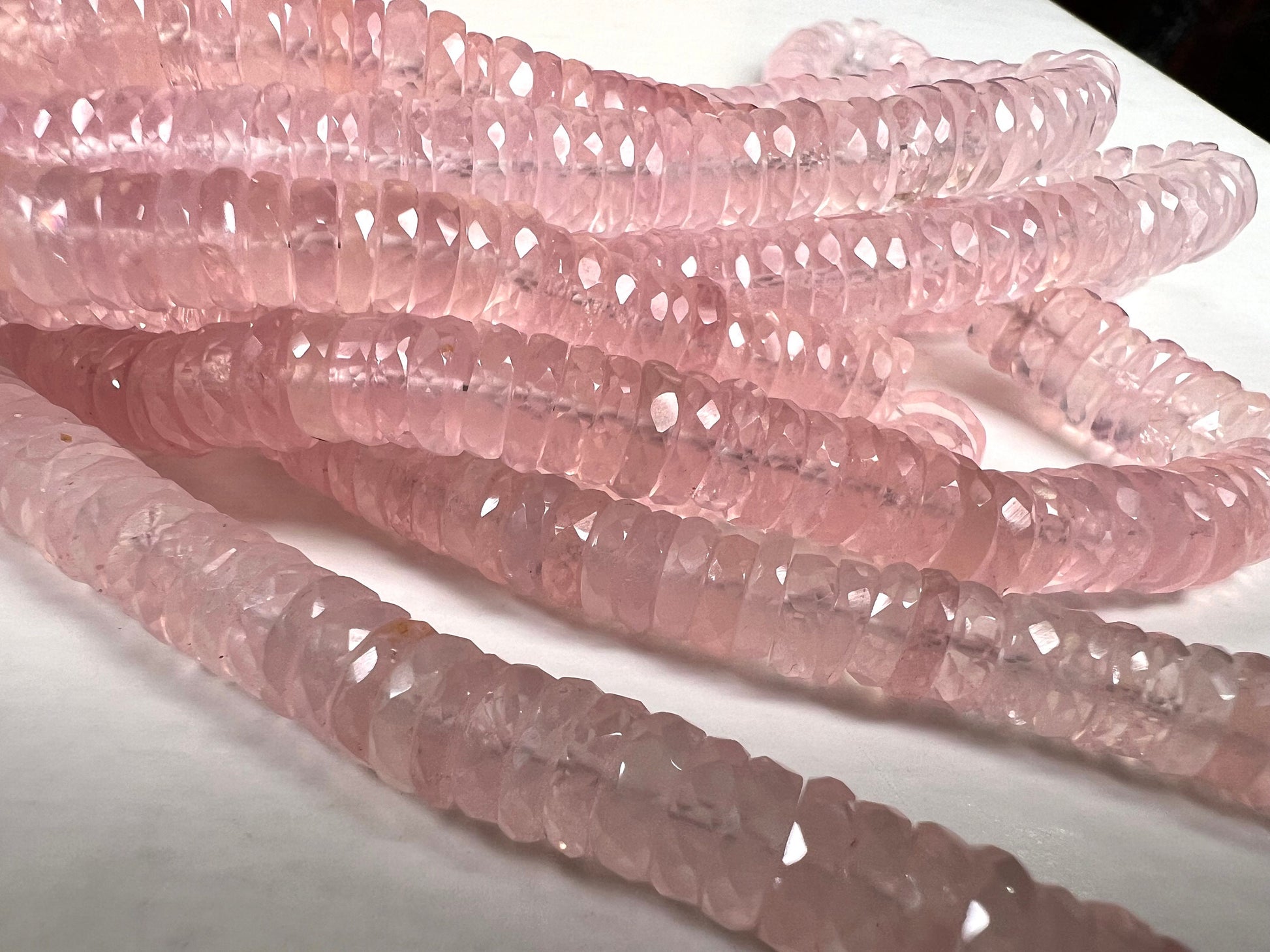 Madagascar Rose Quartz 5.5-7.5mm Faceted wheel Heishe tyre roundel , Jewelry Making natural rose quartz Beads 8" Strand.