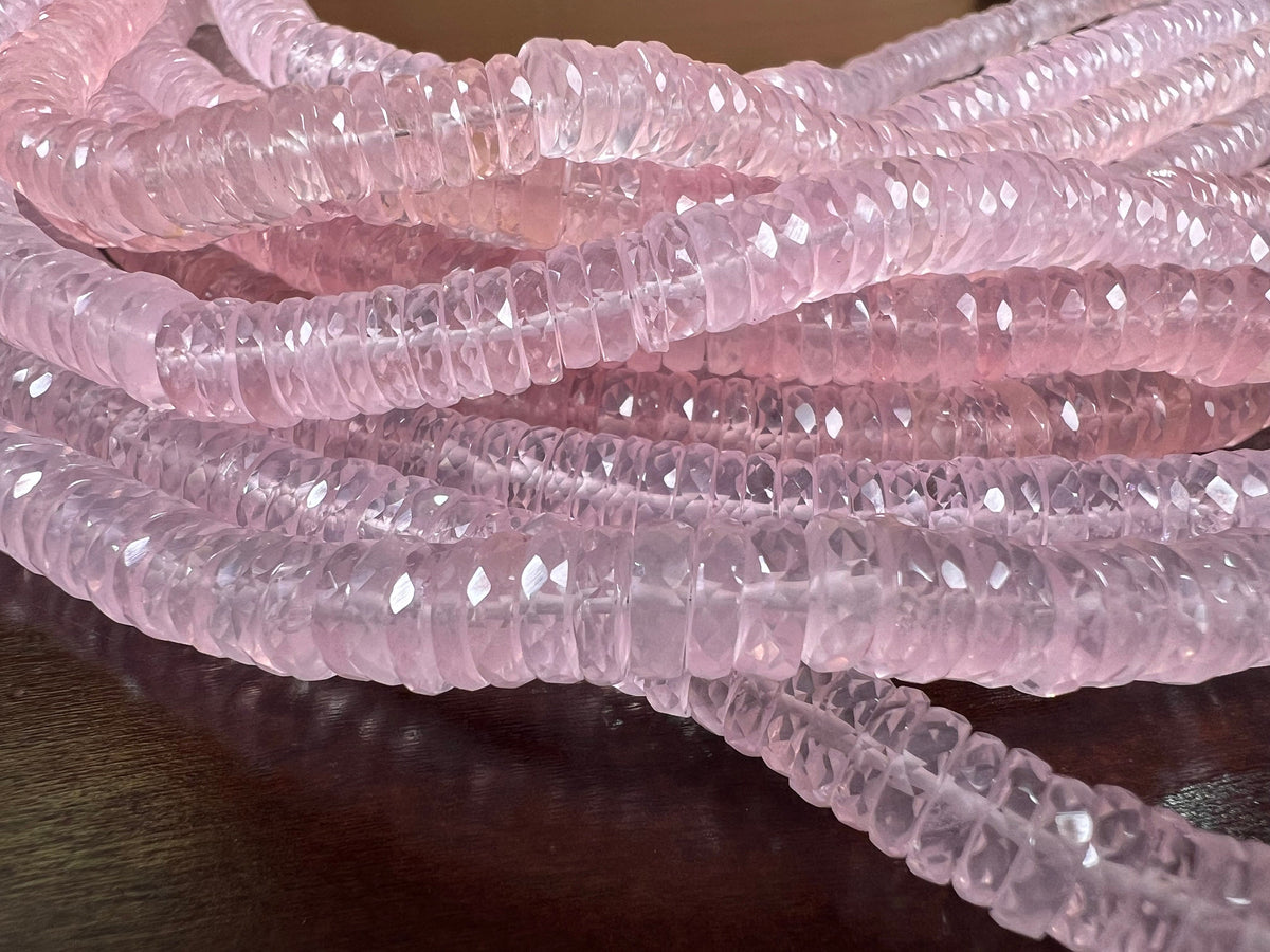 Madagascar Rose Quartz 5.5-7.5mm Faceted wheel Heishe tyre roundel , Jewelry Making natural rose quartz Beads 7" Strand.