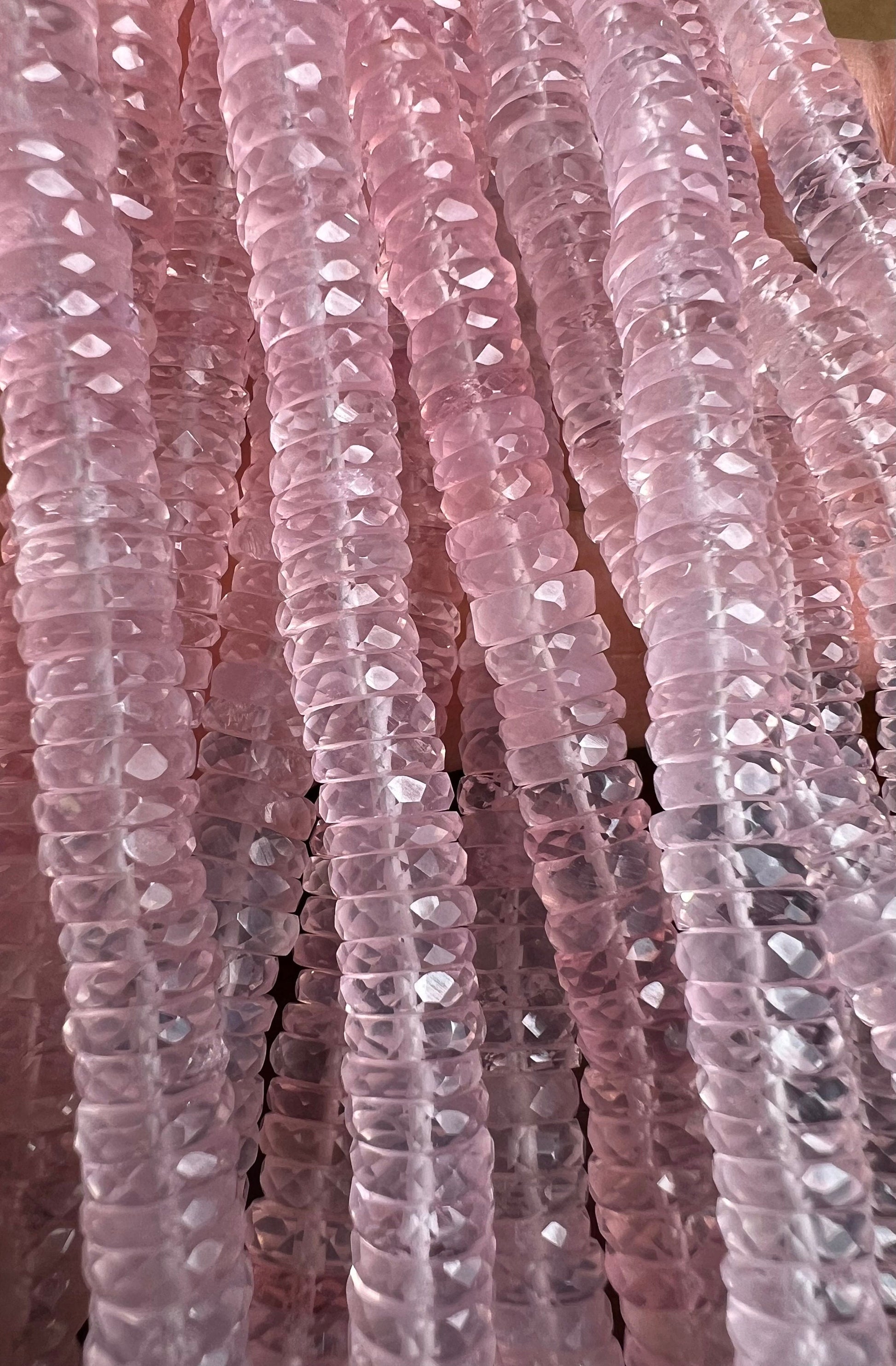 Madagascar Rose Quartz 5.5-7.5mm Faceted wheel Heishe tyre roundel , Jewelry Making natural rose quartz Beads 8" Strand.