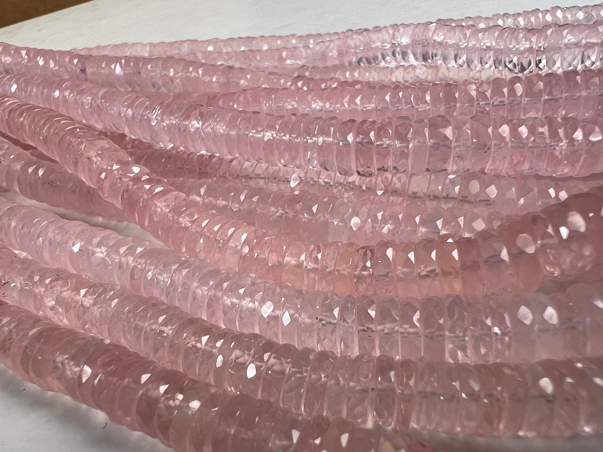Madagascar Rose Quartz 5.5-7.5mm Faceted wheel Heishe tyre roundel , Jewelry Making natural rose quartz Beads 7" Strand.