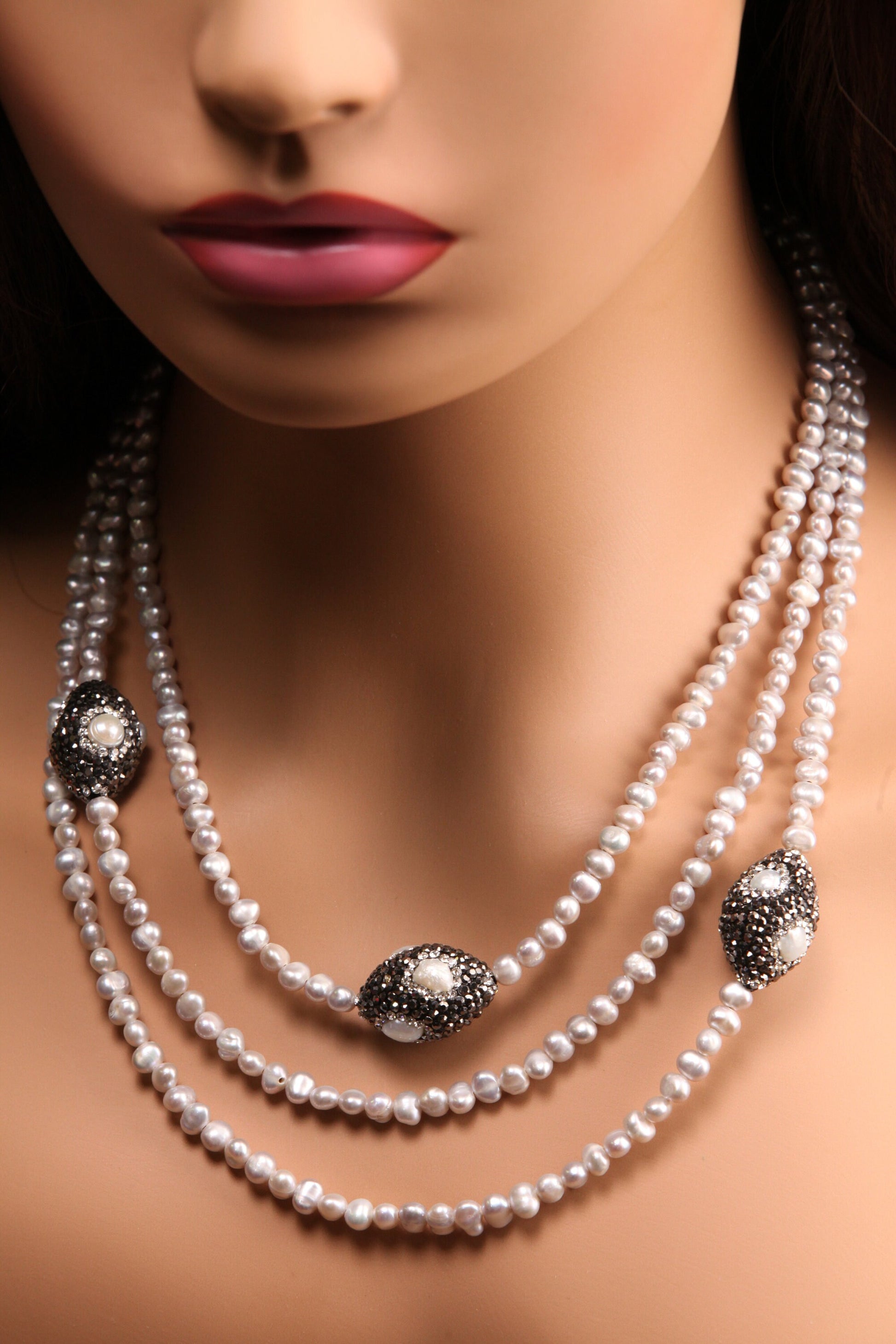 Natural Freshwater Pearl 3 Layer Bib Necklace freshwater crystal oval spacer 16x25mm Necklace