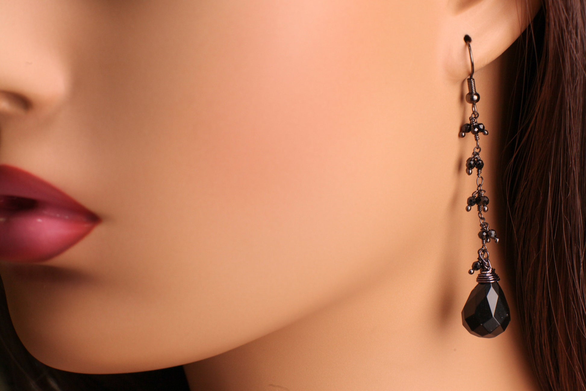 Black Onyx Teardrop Dangling with Black Spinel Clusters Wire Wrapped Necklace, Matching Earrings Jewelry Set Handmade Gift