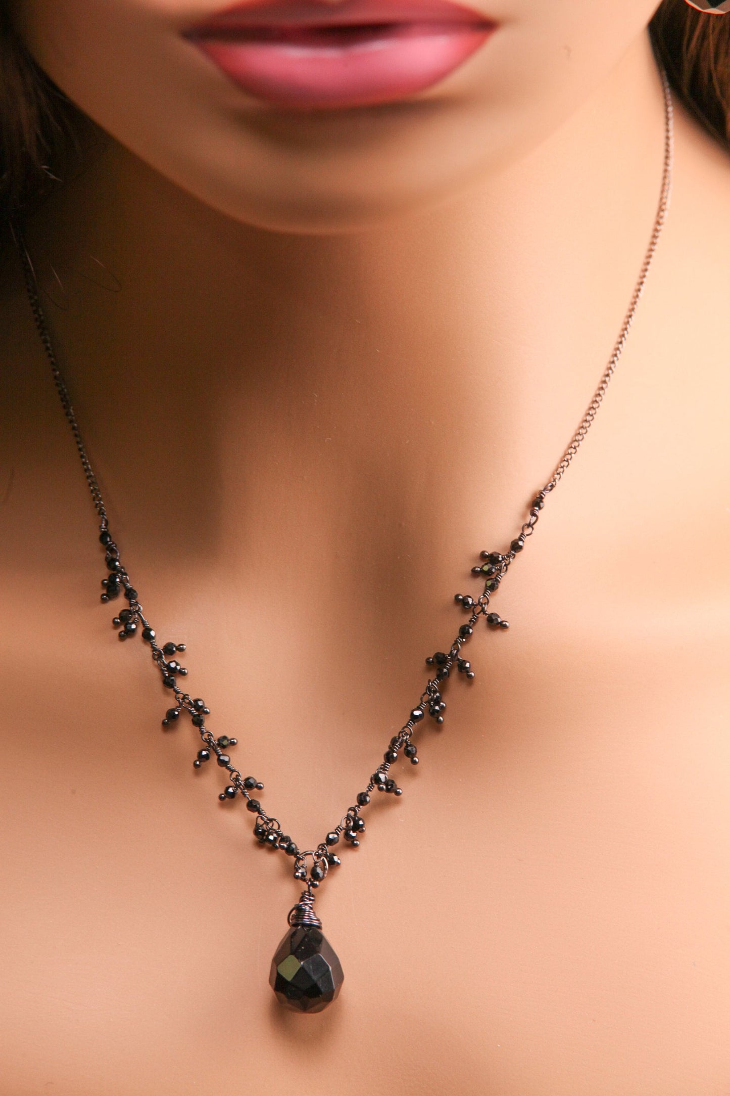 Black Onyx Teardrop Dangling with Black Spinel Clusters Wire Wrapped Necklace, Matching Earrings Jewelry Set Handmade Gift
