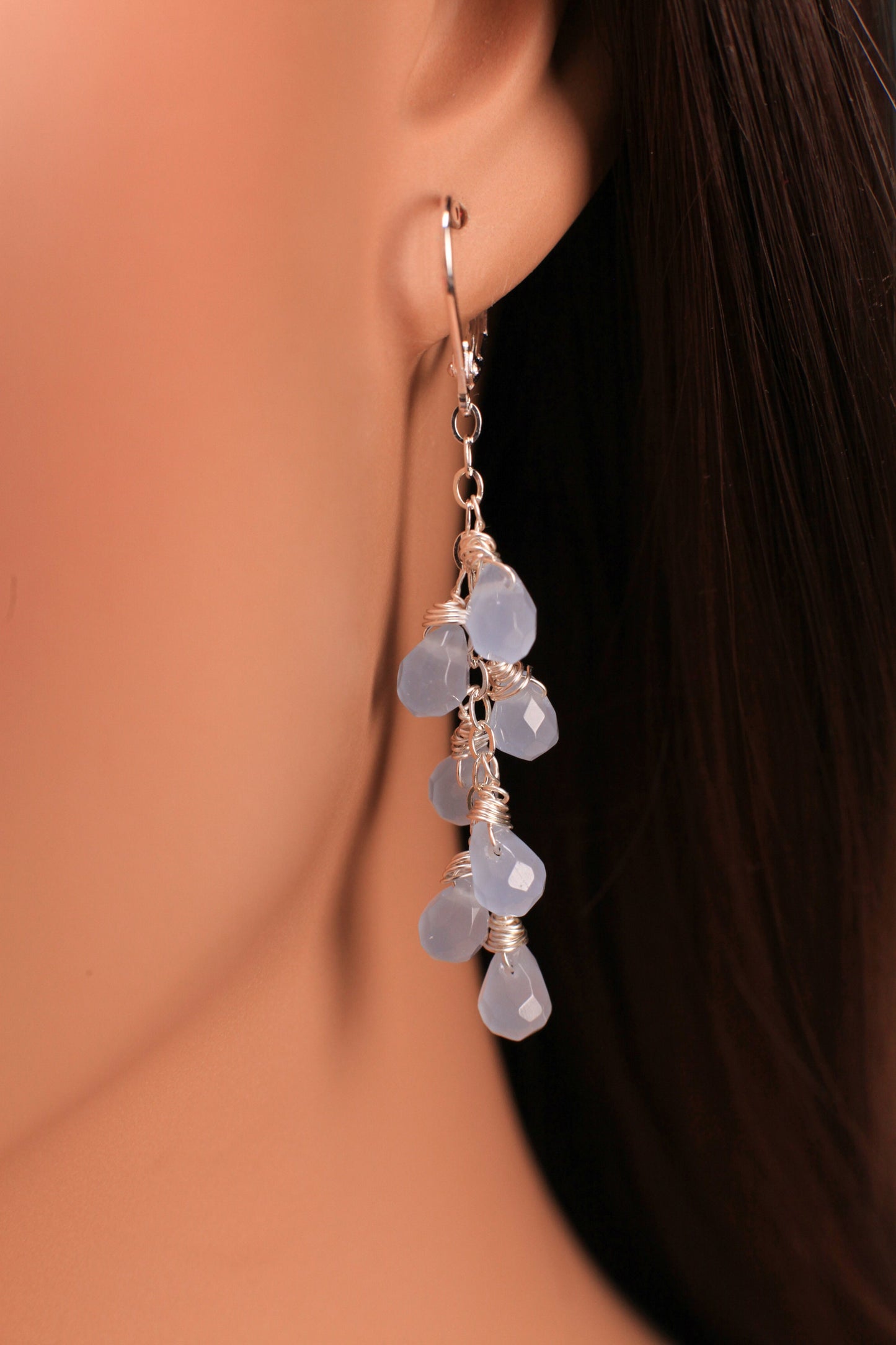 Blue Chalcedony Faceted Briolette Handmade Sterling Silver Wire Wrapped Dangling Tear Drop Cascade Earrings in 925 Sterling Silver