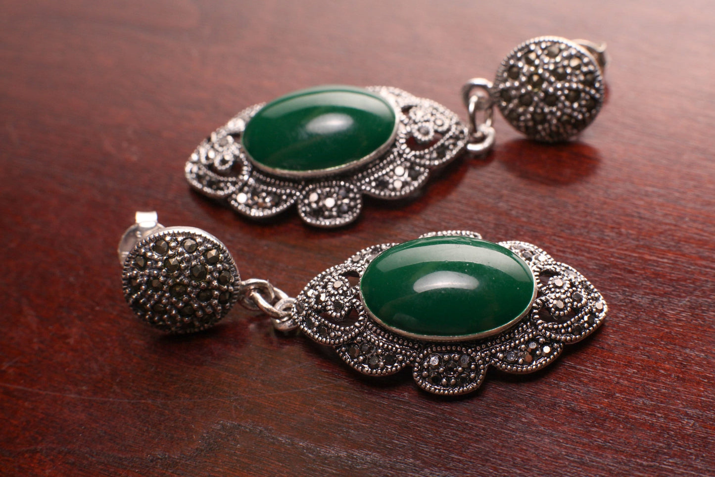 Vintage Marcasite 925 Sterling Silver, Green Onyx 28x48mm teardrop post dangling earrings. 925 stamped, Antique vintage gift for her