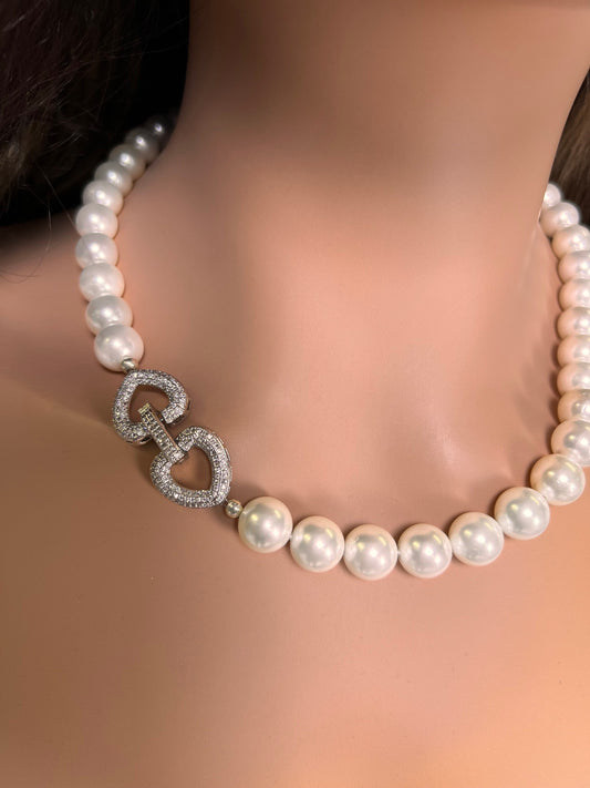 South Sea Shell Pearl 12mm White High Luster CZ Diamond Fancy clasp Statement Necklace elegant Gift for Her