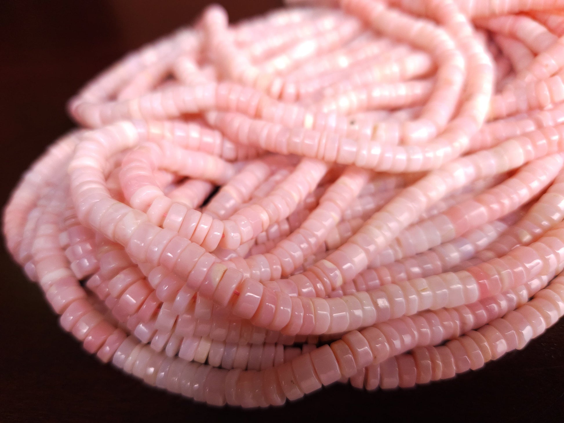 Pink Opal Heishi, Natural Peruvian Pink Opal Heishi Tyre shaded bead for jewelry making bead 8”, 16” strand.