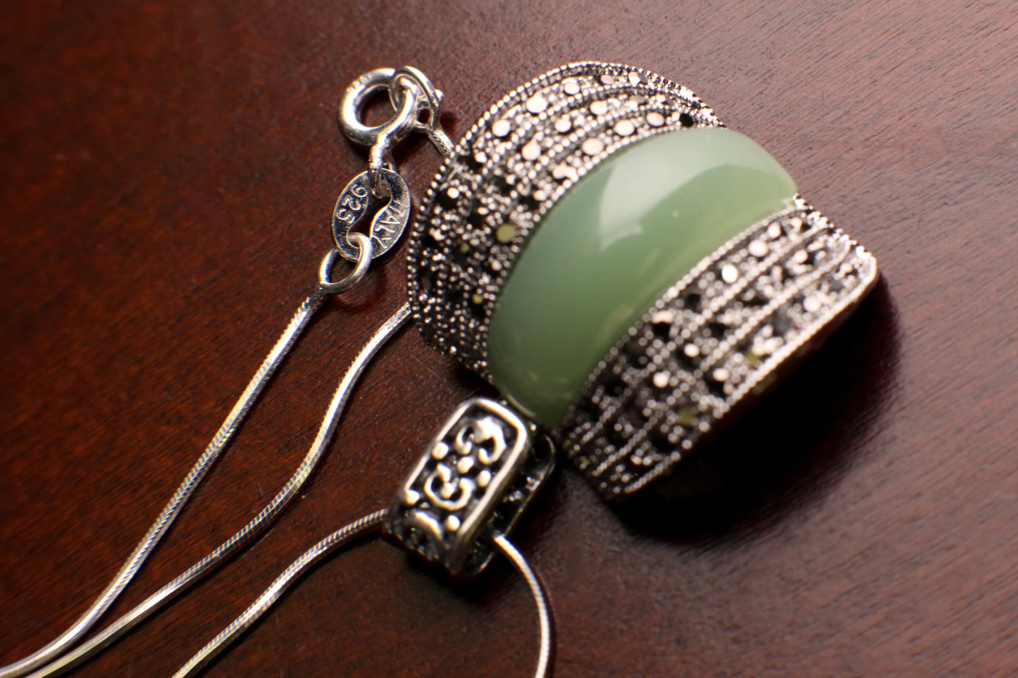 Marcasite Jade pendant 925 Sterling Silver Necklace, Vintage, Antique Marcasite Gift for her