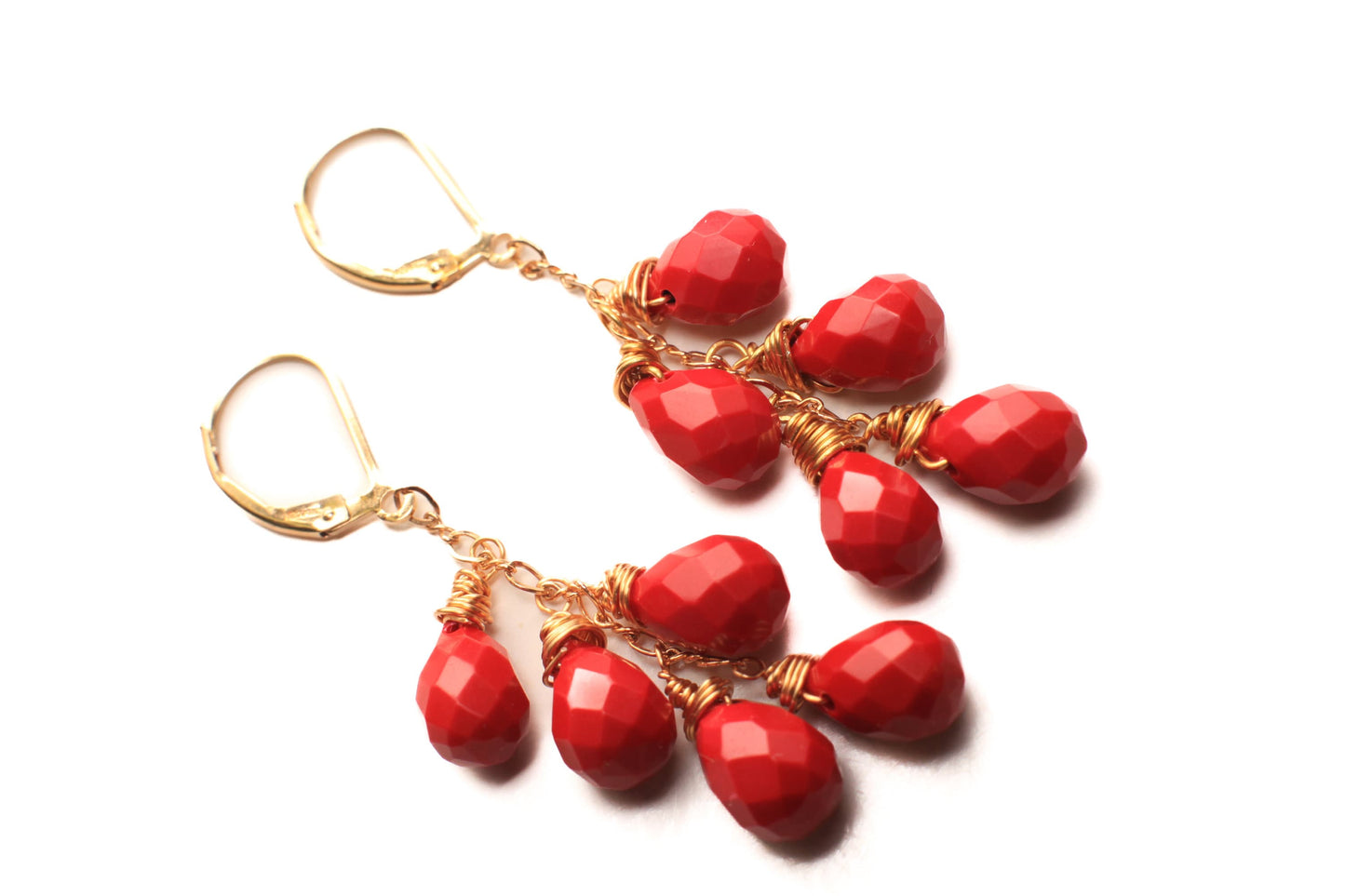 14K Gold Filled Faceted Red Coral Briolette Dangling Handmade Cascade Earrings